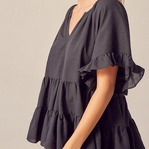 Ladies Black Tiered Ruffle Swing Babydoll Oversize Tunic Top - FINAL CLEARANCE